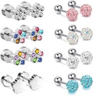 cute colorful flower shape cz inlaid stainless steel toddler stud earrings with screw on backs - 8 pairs for girls kids - tragus cartilage piercing jewelry set logo