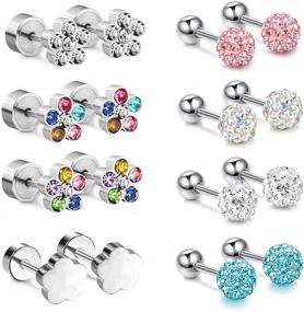 img 4 attached to Cute Colorful Flower Shape CZ Inlaid Stainless Steel Toddler Stud Earrings with Screw on Backs - 8 Pairs for Girls Kids - Tragus Cartilage Piercing Jewelry Set