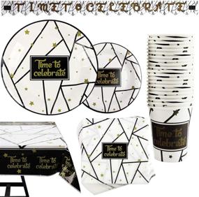 img 4 attached to 🎉 Black and Gold Party Supplies Set - 177 Pieces with Banner, Plates, Cups, Napkins, Tablecloth | Serves 25