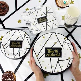 img 3 attached to 🎉 Black and Gold Party Supplies Set - 177 Pieces with Banner, Plates, Cups, Napkins, Tablecloth | Serves 25