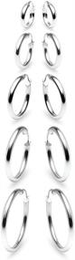 img 4 attached to 💎 Stylish 5 Pair Set: Sterling Silver 3mm Polished Round Hoop Earrings in 15mm, 20mm, 25mm, 30mm, and 35mm Sizes