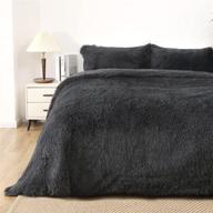 queen size fluffy faux fur comforter set with kivik shaggy long fur, luxury soft warm plush sherpa reversible bedding set of 3 (1 shaggy comforter & 1 shaggy pillowcase) in dark grey logo