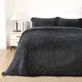 img 4 attached to Queen Size Fluffy Faux Fur Comforter Set with Kivik Shaggy Long Fur, Luxury Soft Warm Plush Sherpa Reversible Bedding Set of 3 (1 Shaggy Comforter & 1 Shaggy Pillowcase) in Dark Grey