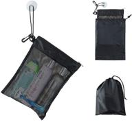 black shower bag tote - compact and lightweight mesh caddy toiletry organizer, 12”l x 9”w, with suction cup, hanging cord, zipper, and drawstring pouch 14”l x 10”w logo