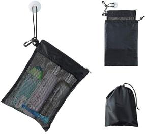 img 4 attached to Black Shower Bag Tote - Compact and Lightweight Mesh Caddy Toiletry Organizer, 12”L x 9”W, With Suction Cup, Hanging Cord, Zipper, and Drawstring Pouch 14”L x 10”W