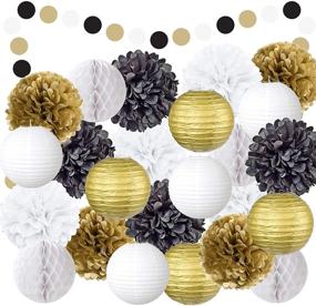 img 4 attached to 🎉 EpiqueOne 22-Piece Party Decoration Kit: Hanging Lanterns, Honeycomb Balls, Pom Poms in Black, Gold & White - Effortless Assembly for Special Occasions