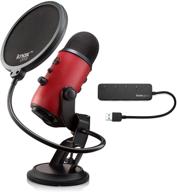 blue microphones yeti usb microphone (satin red) with knox gear pop filter and 3 logo