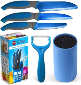 img 4 attached to 🔪 TruChef Kids Knife Set - Complete 5 Piece Blue Cook Set for Little Chefs - Includes Kids Chef Knife, Paring Knife, Peeler, Scissors & Holder