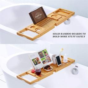 img 3 attached to 🛀 Bamboo Bathtub Caddy Tray: Upgraded Expandable Bath Tray for Tub - Wine Slots and Book Holder Included, Perfect for One or Two Person Use