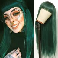 🌿 fugady hair ombre green long straight wig with bangs – synthetic, heat resistant, 2 tone dark roots, mixed color, 24-inch cosplay wig for women – full machine made logo