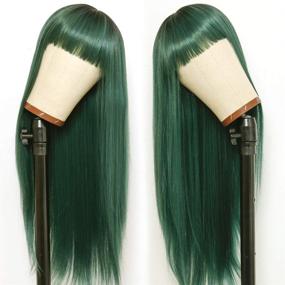 img 3 attached to 🌿 Fugady Hair Ombre Green Long Straight Wig with Bangs – Synthetic, Heat Resistant, 2 Tone Dark Roots, Mixed Color, 24-inch Cosplay Wig for Women – Full Machine Made