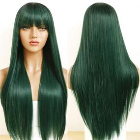 img 2 attached to 🌿 Fugady Hair Ombre Green Long Straight Wig with Bangs – Synthetic, Heat Resistant, 2 Tone Dark Roots, Mixed Color, 24-inch Cosplay Wig for Women – Full Machine Made