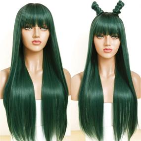 img 1 attached to 🌿 Fugady Hair Ombre Green Long Straight Wig with Bangs – Synthetic, Heat Resistant, 2 Tone Dark Roots, Mixed Color, 24-inch Cosplay Wig for Women – Full Machine Made