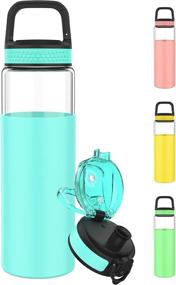 img 4 attached to 🍶 Thickened Borosilicate Glass Water Bottle - 17oz with 2 Lids, Silicone Sleeve - BPA Free & Non Toxic - Cute Design (Blue)