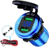 💦 waterproof dual usb car power outlet - quick charge 3.0 - 12v/24v fast charge - led voltmeter - ideal for car, marine, boat, motorcycle, truck, rv and more (blue) logo