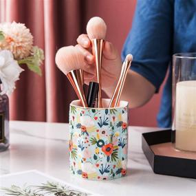 img 2 attached to 🌿 Gorgeous Mint Flowers Ceramic Pen Holder and Brush Organizer - MIGZOE Desk Stand for Desk Décor and Makeup Essentials