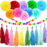 vibrant rainbow birthday party decorations: happy birthday paper pom poms, tassel garland kit logo