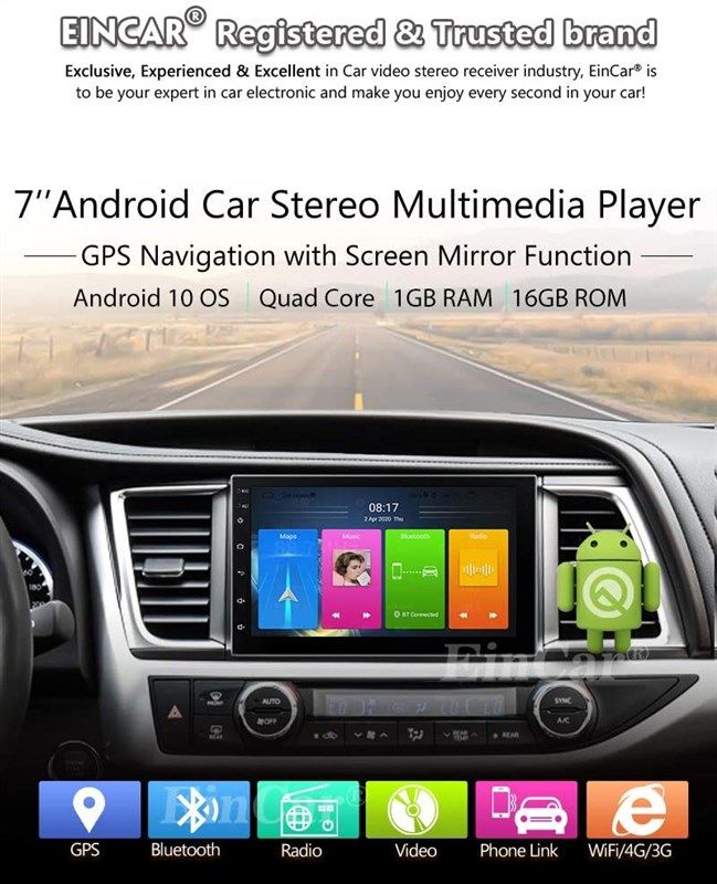 EINCAR 1 Din in Dash Car Stereo with Navigation Android 7.1 Quad Core  Single Din 7