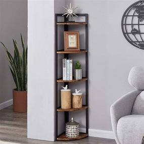 img 3 attached to Superjare Corner Shelf: 5 Tier Wood Wall Corner Bookshelf with Metal Frame - Rustic Brown