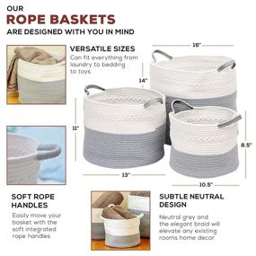img 3 attached to 🧺 Organic Cotton Rope Basket Set - Small, Medium & Large Woven White & Gray Baskets with Soft Handles. Durable Materials for Laundry, Toys, Towels, Bedding & Nurseries