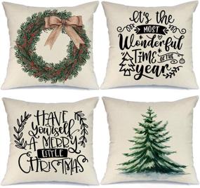 img 4 attached to 🎄 AENEY Christmas Decorations Pillow Covers 18x18 Set of 4 - Farmhouse Xmas Cushion Cases for a Rustic Winter Holiday Vibe at Home