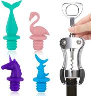 🍷 animal design wine stopper and corkscrew set of 5: silicone stoppers & stainless steel opener for kitchen, bars, party логотип