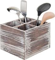 🍴 rustic torched wood utensil holder - kitchen cooking silverware and flatware caddy with 4 compartments by mygift логотип