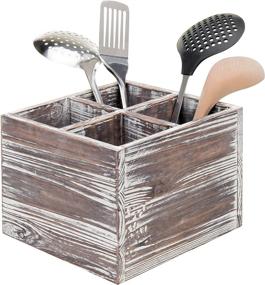 img 4 attached to 🍴 Rustic Torched Wood Utensil Holder - Kitchen Cooking Silverware and Flatware Caddy with 4 Compartments by MyGift