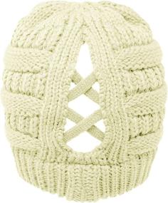 img 3 attached to 🎩 C.C Criss Cross Ponytail Messy Buns Knit Stretchy Beanie Winter Cap Hat - Stylish and Functional Headgear for Women