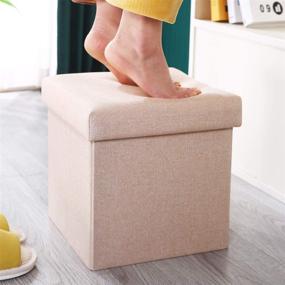 img 2 attached to 📦 Beige Cube Storage Ottoman - Foldable Linen Storage Boxes for Bedroom Living Room - Small Coffee Table, Footrest, Step Stool - Space-Saving Cube - 12.2x12.2x12.2 Inch