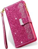 kudex iphone 12 pro max case wallet: sparkly glitter flip pu leather magnetic kickstand with card holder, wrist strap & zipper - rose logo