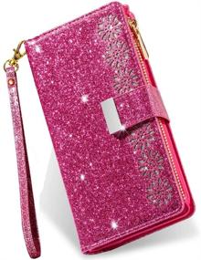 img 4 attached to Kudex iPhone 12 Pro Max Case Wallet: Sparkly Glitter Flip PU Leather Magnetic Kickstand with Card Holder, Wrist Strap & Zipper - Rose