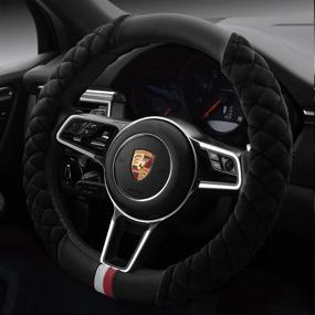 img 2 attached to Winter Warm Universal Car Steering Wheel Cover - Sport Style Short Plush Fluffy Cushion in Black, 15 inch