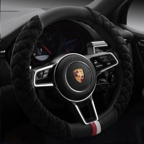 img 1 attached to Winter Warm Universal Car Steering Wheel Cover - Sport Style Short Plush Fluffy Cushion in Black, 15 inch