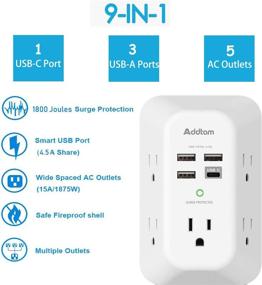 img 3 attached to 🔌 USB Wall Charger Surge Protector, 5 Outlet Extender with 4 USB Charging Ports (Including 1 USB C Outlet) - 3 Sided 1800J Power Strip Multi Plug Outlets for Home, Travel, and Office Use