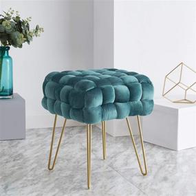 img 3 attached to Ornavo Home Mirage Teal Velvet Ottoman: Modern Contemporary Square Woven Upholstery with Gold Metal Legs