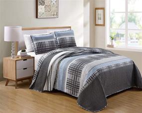 img 3 attached to 🛏️ Jimmy Full/Queen Luxury Lush Soft Reversible Quilt Coverlet Bedspread Set - Charcoal Grey Blue White Plaid Stripes Modern Design - Better Home Style Oversized Bed Cover