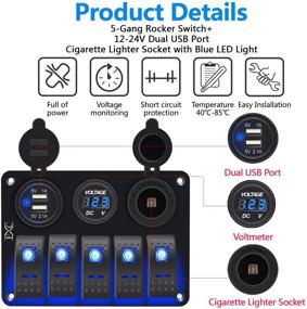 img 1 attached to 🚤 FXC Waterproof Marine Boat Rocker Switch Aluminum Panel 5 Gang: Enhancing Car, RV, Truck, and Marine Vehicle Functionality with Dual USB Slot Socket 3.1A, Volt Meter, and Blue LED Light (KG0149-5B Blue)