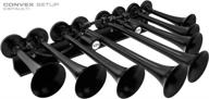 loud and powerful vixen horns train horn for 12v vehicles - 8 black trumpet air horns perfect for trucks, cars, semis, pickups, jeeps, rvs, and suvs logo