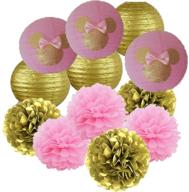 🎀 12pcs pink and gold glitter minnie paper flowers pom poms balls, paper lanterns, and decorations: perfect for minnie mouse themed parties, girl birthdays, baby showers, photo props, or pink and gold events logo