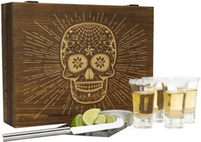 img 1 attached to 🥃 Premium Tequila Shot Glass Sugar Skull Wooden Box Set: 4 Glasses, Garnish Knife, Lime Cutting Stone, Salt Tin – Perfect for Themed Parties and Holiday Gifts, Ideal for Men and Women