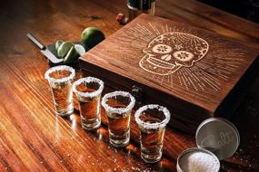 img 2 attached to 🥃 Premium Tequila Shot Glass Sugar Skull Wooden Box Set: 4 Glasses, Garnish Knife, Lime Cutting Stone, Salt Tin – Perfect for Themed Parties and Holiday Gifts, Ideal for Men and Women