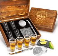 🥃 premium tequila shot glass sugar skull wooden box set: 4 glasses, garnish knife, lime cutting stone, salt tin – perfect for themed parties and holiday gifts, ideal for men and women logo