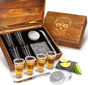 img 4 attached to 🥃 Premium Tequila Shot Glass Sugar Skull Wooden Box Set: 4 Glasses, Garnish Knife, Lime Cutting Stone, Salt Tin – Perfect for Themed Parties and Holiday Gifts, Ideal for Men and Women