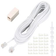 📞 33 ft phone extension cord with rj11 plug, 1 in-line couplers, 20 cable clip holders - white, telephone cable logo