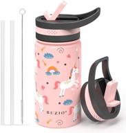 buzio kids insulated water bottle - 14oz vacuum hydro flask with 2 straw lids and pink unicorn patterns - double walled thermo canteen logo