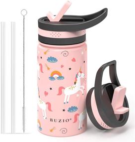 img 4 attached to BUZIO Kids Insulated Water Bottle - 14oz Vacuum Hydro Flask with 2 Straw Lids and Pink Unicorn Patterns - Double Walled Thermo Canteen