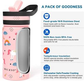 img 3 attached to BUZIO Kids Insulated Water Bottle - 14oz Vacuum Hydro Flask with 2 Straw Lids and Pink Unicorn Patterns - Double Walled Thermo Canteen