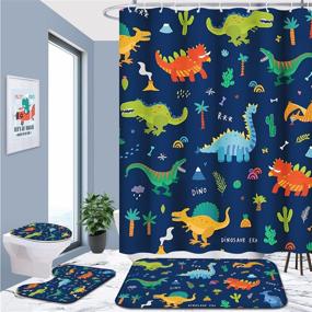 img 4 attached to 🦖 Cartoon Dinosaur Kids Shower Curtain Sets: Premium Bath Accessory Set with Non-Slip Rugs, Toilet Lid Cover, and Waterproof Curtain