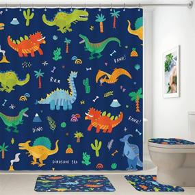 img 3 attached to 🦖 Cartoon Dinosaur Kids Shower Curtain Sets: Premium Bath Accessory Set with Non-Slip Rugs, Toilet Lid Cover, and Waterproof Curtain